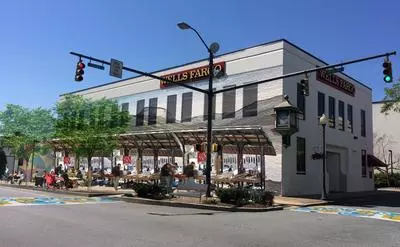 Illustration of the possibility of kiosks and seating along S. Sterling Street between Wells Fargo and the Courthouse Square
