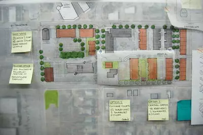 Drawing of housing ideas for two blocks on E. Union and Bouchelle Street and E. Union and White Street.