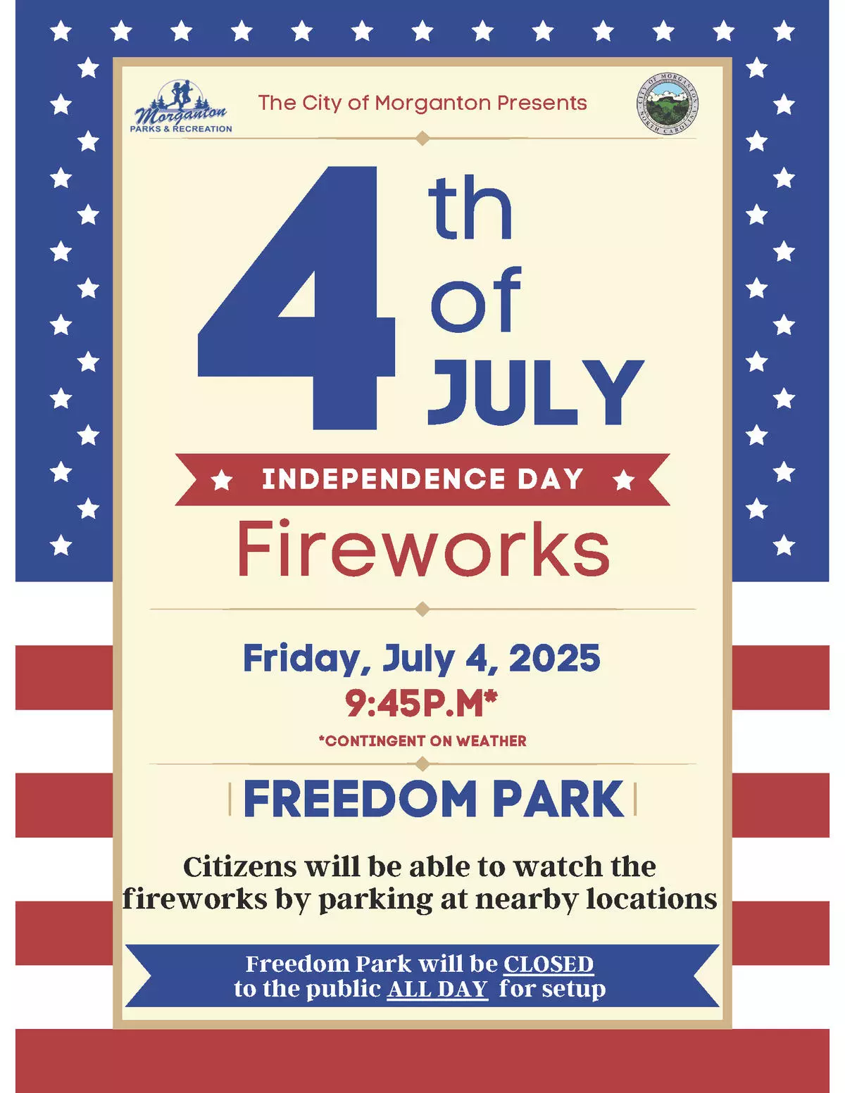 red, white and blue flyer with stars and stripes telling location date and time of fireworks display