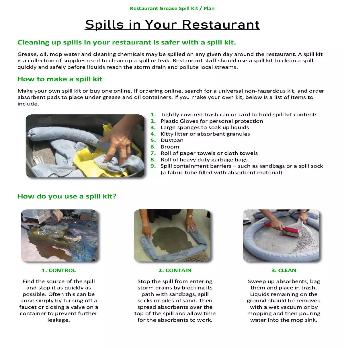 Restaurant Grease Spill Kit/Plan (image of the PDF Supporting Document)