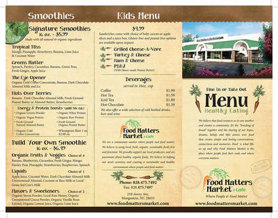 Cafe menu showing smoothies and the kids menu
